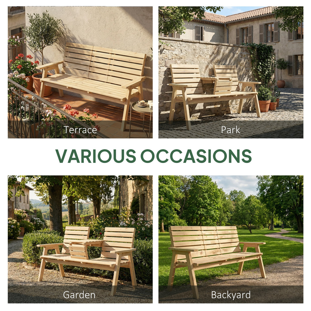 Fir Wood Convertible 2 to 3 Seater Outdoor Garden Bench, Natural Wood 