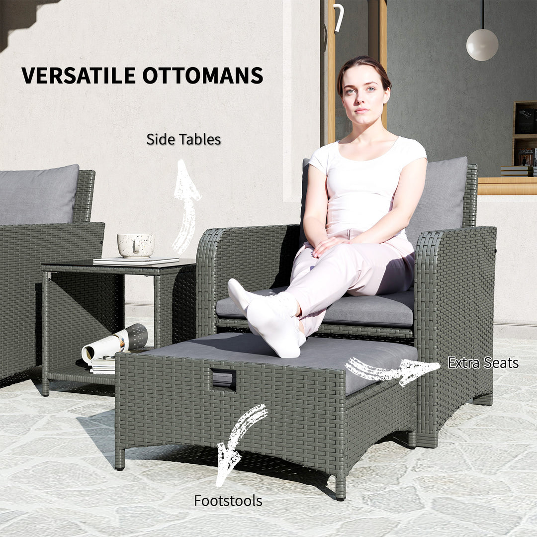Five Piece Rattan Garden Furniture Set with 2-Tier Coffee Table and Ottomans - Grey