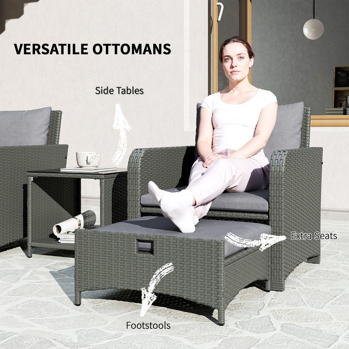Five Piece Rattan Garden Furniture Set with 2-Tier Coffee Table and Ottomans - Grey