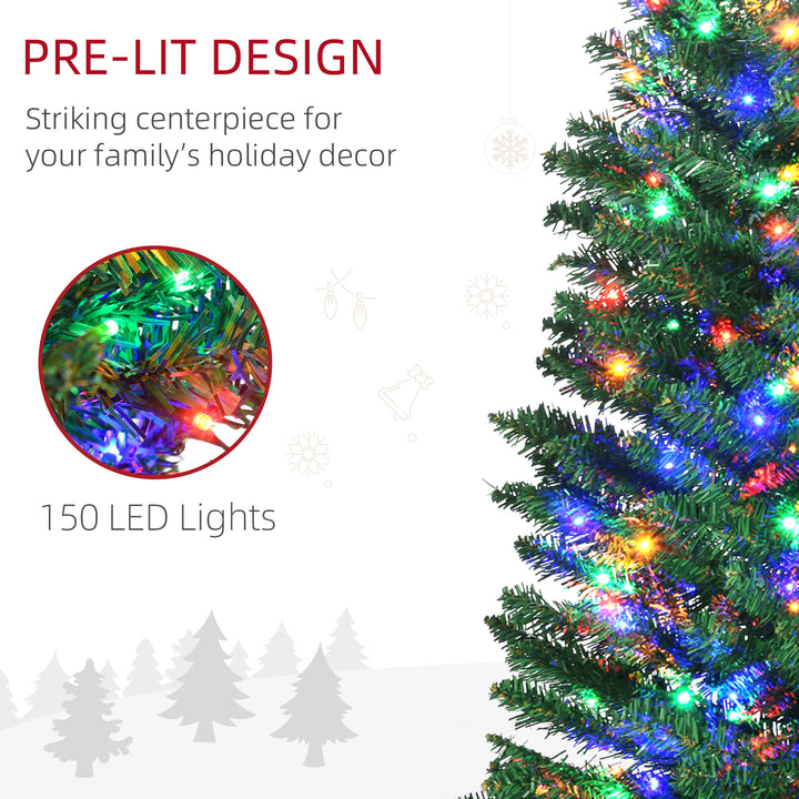 HOMCOM 6' Artificial Prelit Christmas Trees Holiday Décor with Colourful LED Lights, Pencil Shape, Steel Base