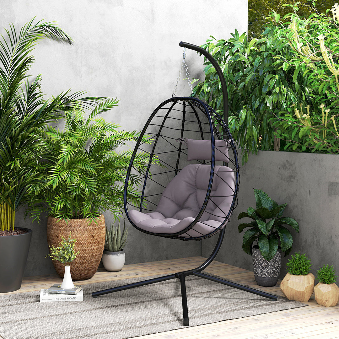 Hanging Egg Chair Outdoor Indoor Garden Swing Chair with Folding Basket, Thickened Cushion, Garden Hanging Chair with Stand, Headrest for Patio, Balcony, Grey