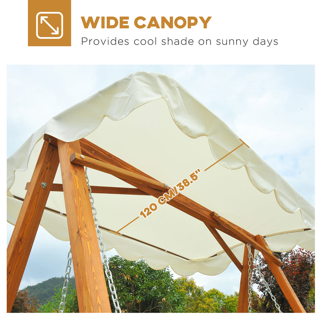 3 Seater Garden Swing Seat with Canopy, Wooden Swing Chair, Outdoor Hammock Bench for Balcony Patio Porch, Cream White
