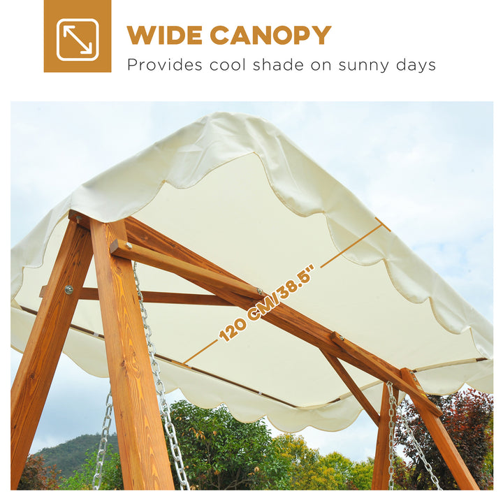 3 Seater Garden Swing Seat with Canopy, Wooden Swing Chair, Outdoor Hammock Bench for Balcony Patio Porch, Cream White
