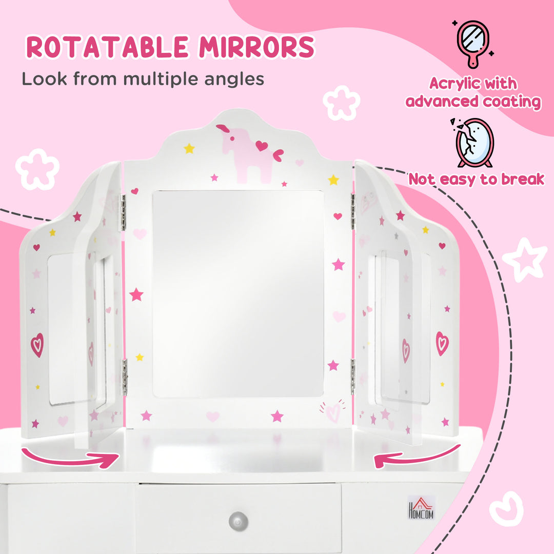Kids Vanity Table and Chair Set with Tri-Folding Mirror and Stool, Makeup Dressing Table with Drawer, White