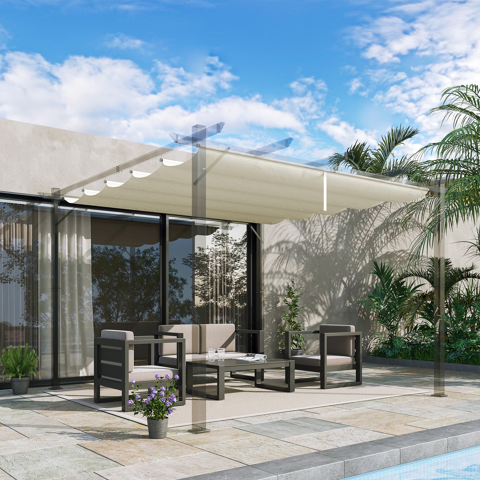 Retractable Pergola Shade Cover, Replacement Canopy Fabric for 3 x 3 (m) Pergola, Gazebo Retractable Roof, Cream White