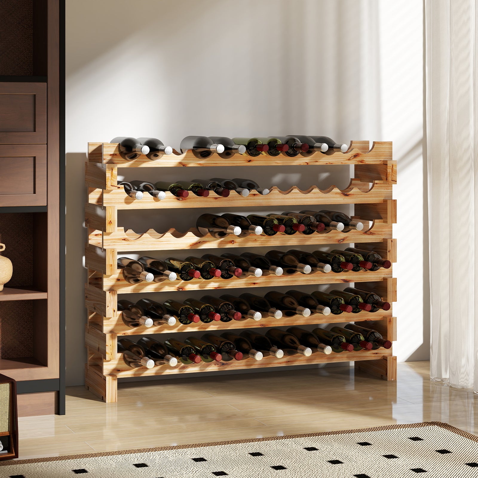 Six-Tier, 72 Bottle Wooden Wine Rack - Natural