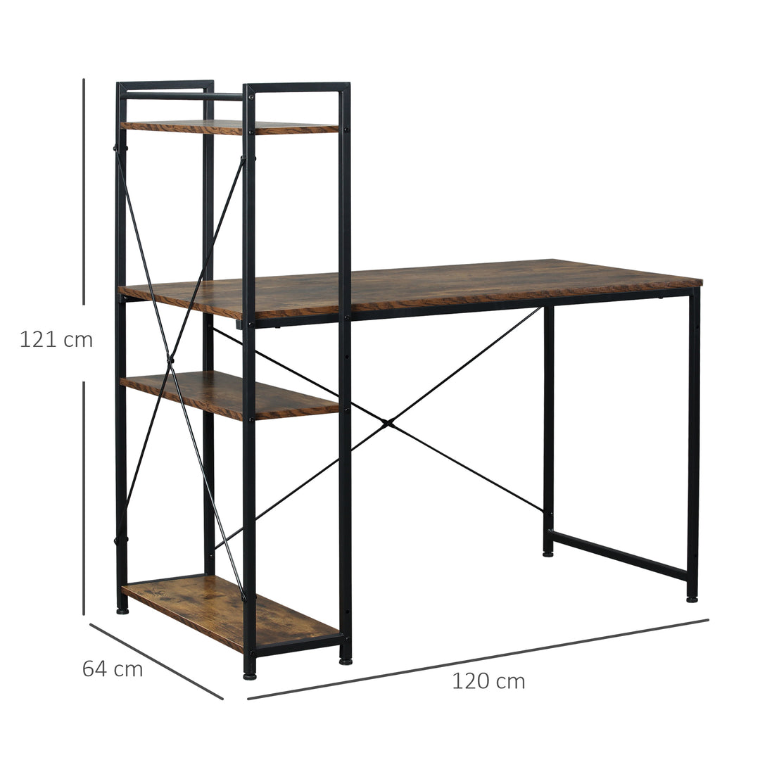 HOMCOM Study Desk, Computer Table with 4-Tier Bookshelf, Home Office Workstation, Metal Frame, Wooden Top, Rustic Brown & Black | Aosom UK