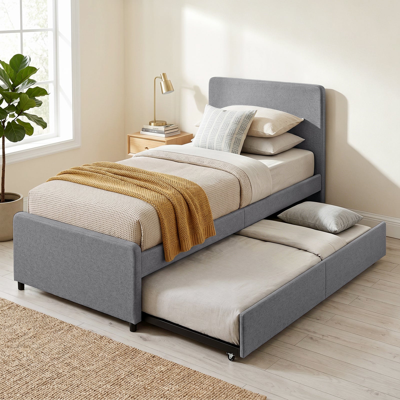 3ft Single Bed Frame with Trundle, Upholstered Pull Out Trundle Bed wi