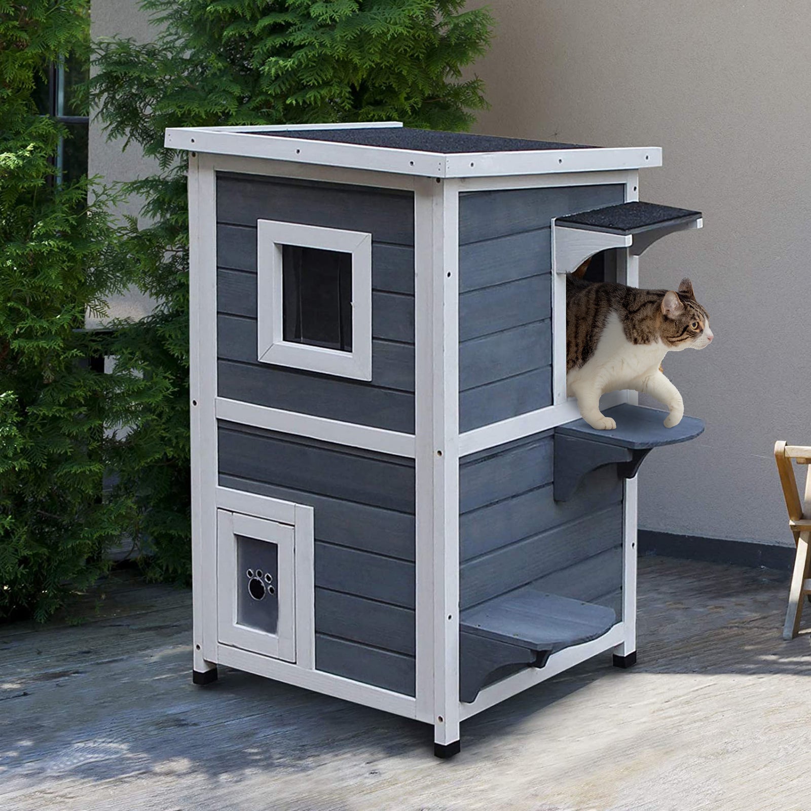 Wooden Cat House 2-Floor Outdoor Kitten Shelter with Window Grey