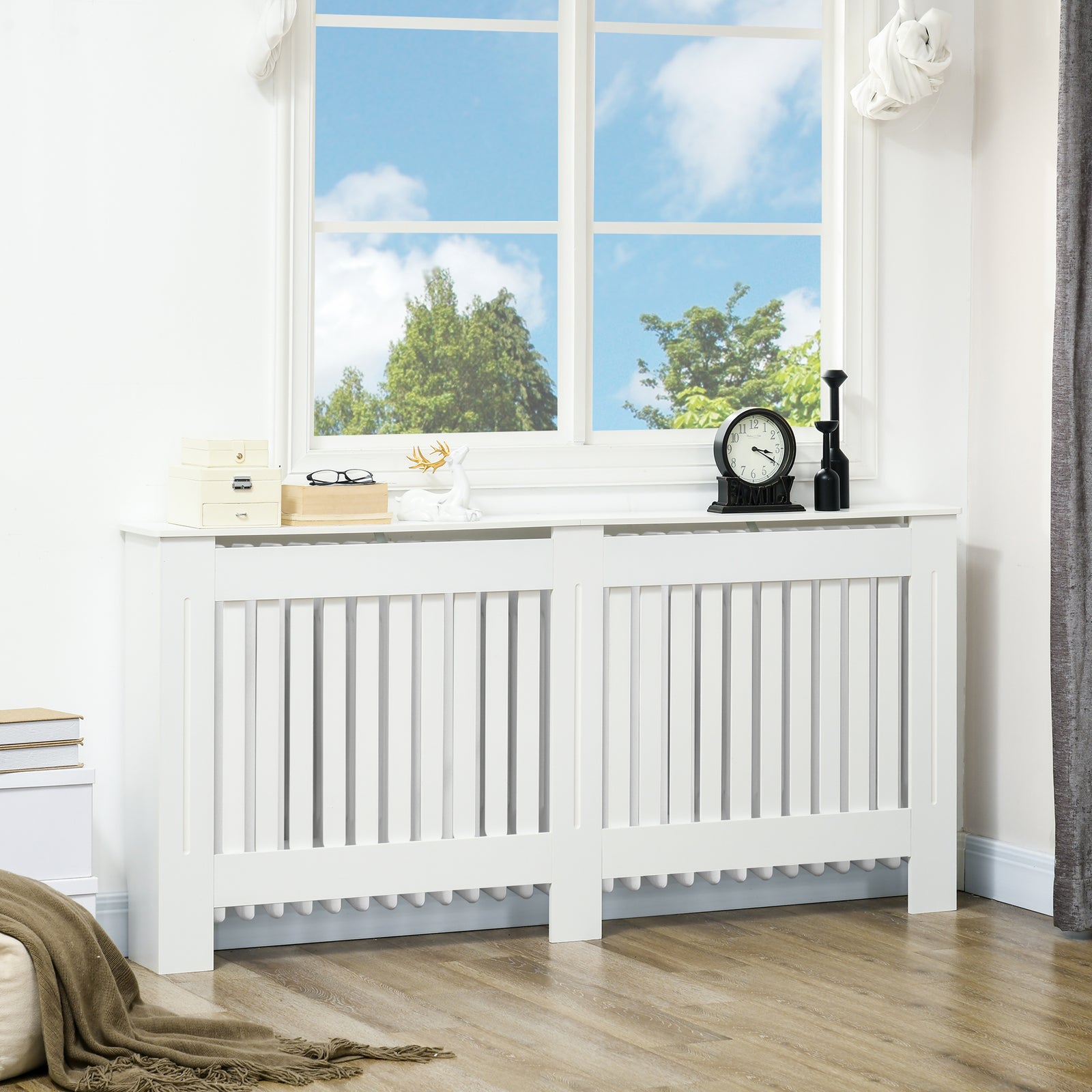 Slatted Radiator Cover Painted Cabinet MDF Lined Grill in White (172L x 19W x 81H cm)