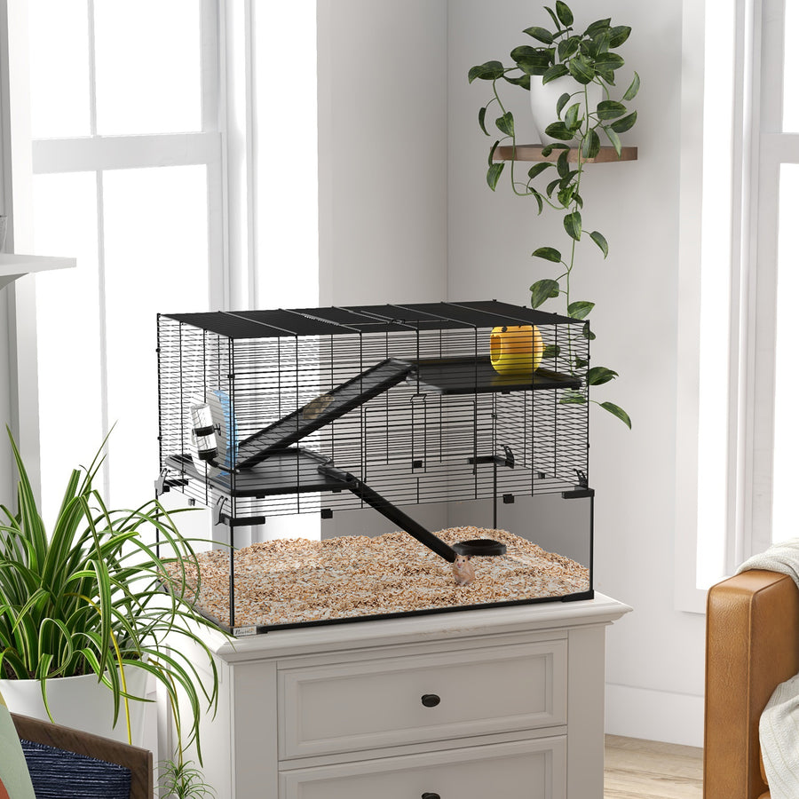 3 Tiers Hamster Cage, Gerbil Cage with Deep Glass Bottom, Non-Slip Ramps, Platforms, Hut, Exercise Wheels, Water Bottle, Dish, for Syrian Hamster, Dwarf Hamster, 78.5 x 48.5 x 54.5cm