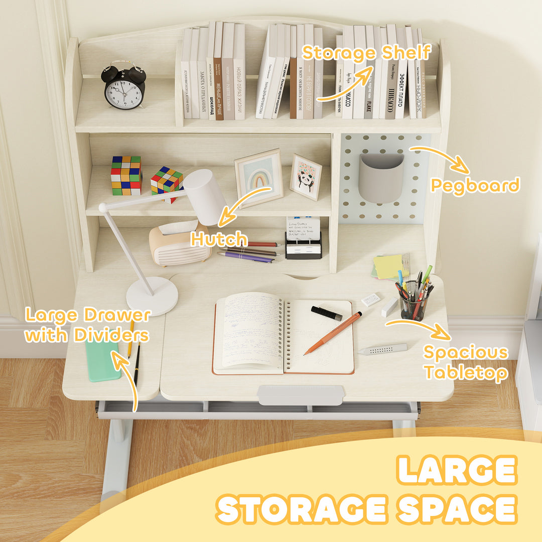 Kids Desk Height Adjustable with Tilt-Desktop, Hutch, Drawer, Storage Shelf, Pegboard, for 3-12 Years Old
