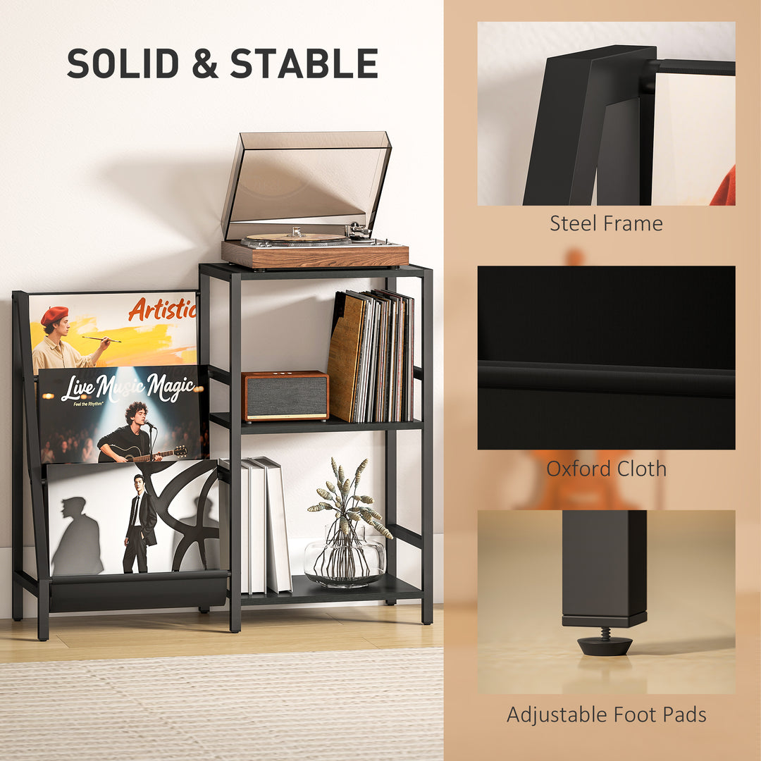 3-Tier Record Player Stand, End Table for Living Room, Bedroom - Black Wood Effect
