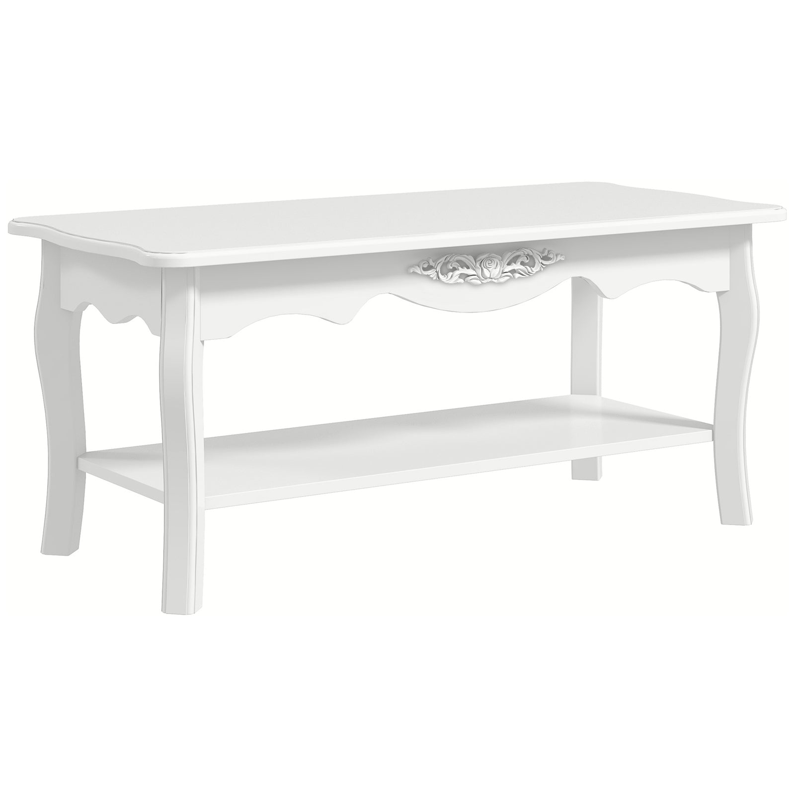 White Coffee Table Wood Cocktail Tea Centre Table with Storage Shelf for Living Room Reception Room, 94L x 44W x 42H cm