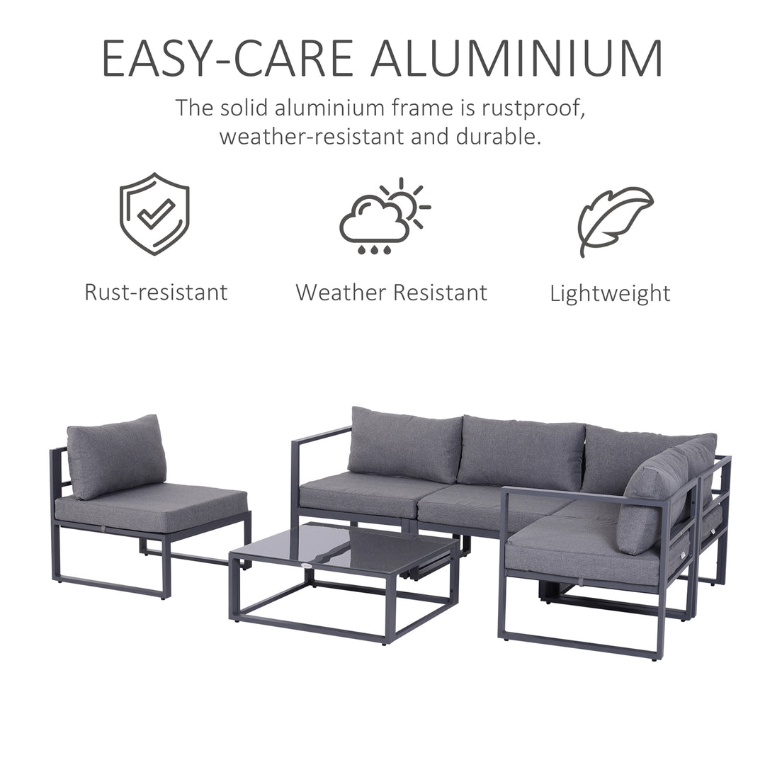 6 PCs Outdoor Indoor Sectional Corner Sofa Set Thick Padded Cushions Aluminium Frame 5 Seaters 1 Coffee Table Grey