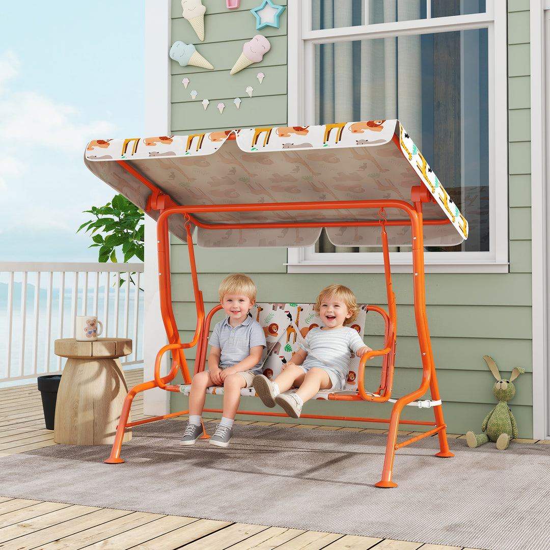 Kids Porch Swing, 2-Seater Patio Swing Bench Hammock with Seat Belts, Adjustable Canopy for Garden - Orange/White