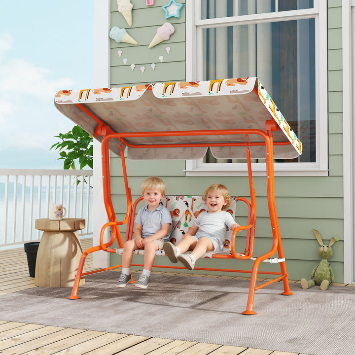 Kids Porch Swing, 2-Seater Patio Swing Bench Hammock with Seat Belts, Adjustable Canopy for Garden - Orange/White