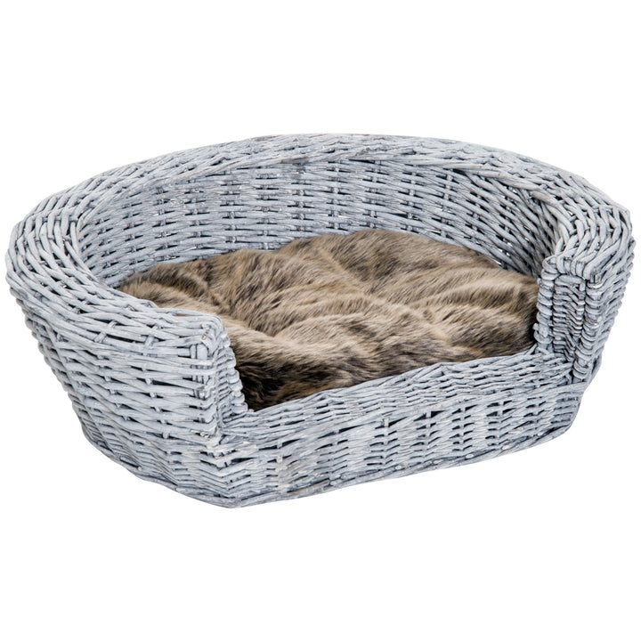 PawHut Willow Pet Sofa: Rattan Basket with Soft Cushion for Cats & Small Dogs, Durable Design, 57Lx46Wx17.5H cm, Grey | Aosom UK