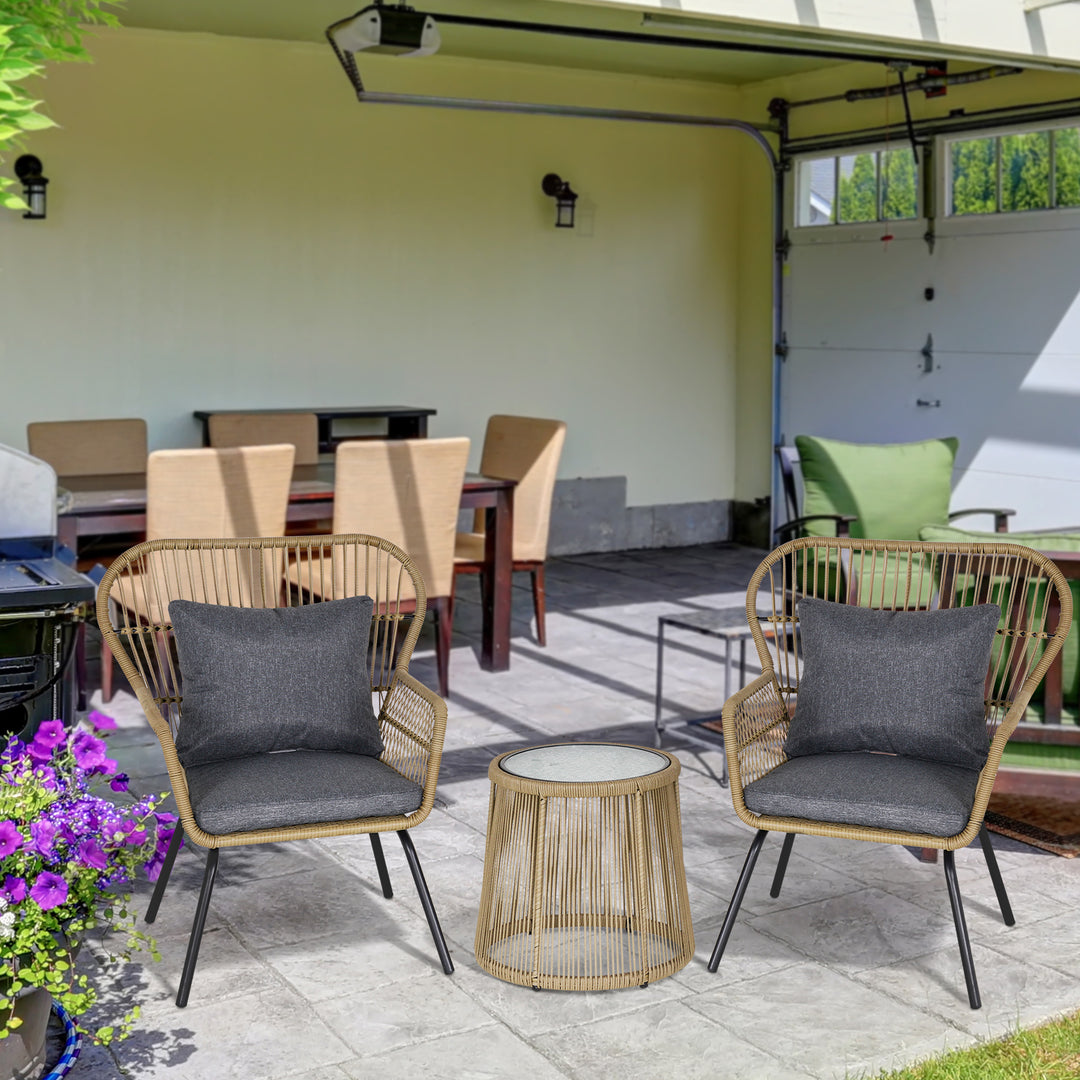 3 Pieces Rattan Bistro Set, Wicker Garden Furniture Set with Cushions, Glass Top Coffee Table and Chairs for Outdoor, Patio, Balcony, Brown