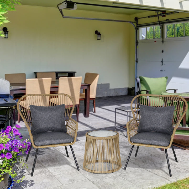 3 Pieces Rattan Bistro Set, Wicker Garden Furniture Set with Cushions, Glass Top Coffee Table and Chairs for Outdoor, Patio, Balcony, Brown