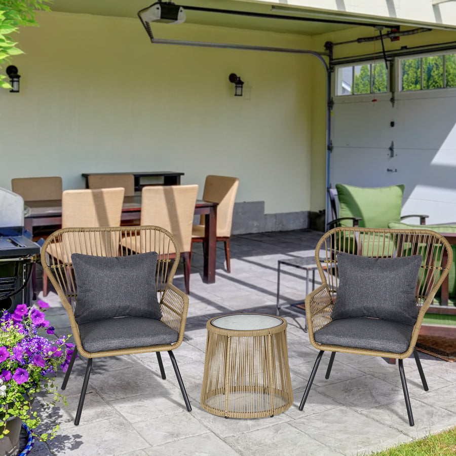 3 Pieces Rattan Bistro Set, Wicker Garden Furniture Set with Cushions, Glass Top Coffee Table and Chairs for Outdoor, Patio, Balcony, Brown