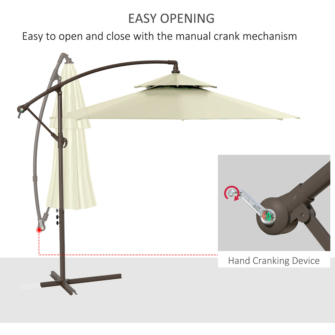 2.7m Garden Banana Parasol Cantilever Umbrella with Crank Handle, Double Tier Canopy and Cross Base for Outdoor, Hanging Sun Shade, Beige