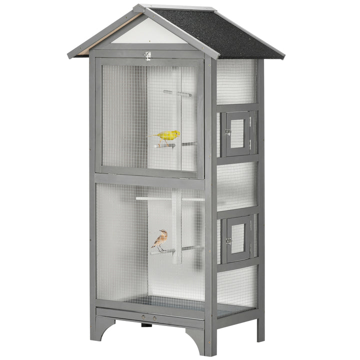 PawHut Wooden Outdoor Bird Cage, for Finches and Canaries, with Removable Tray, Asphalt Roof - Grey