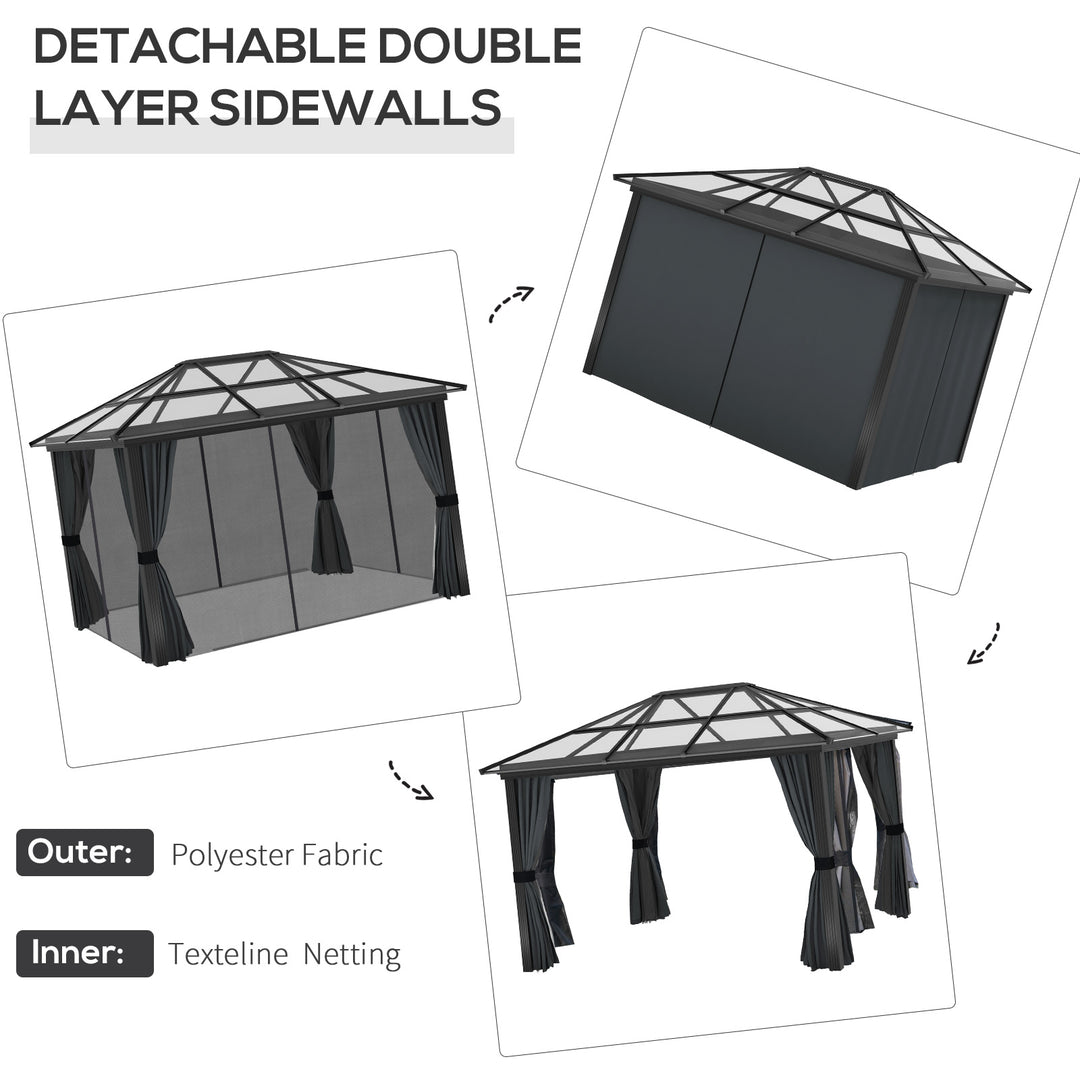 Outsunny 3 x 3.6m Hardtop Gazebo with UV Resistant Polycarbonate Roof and Aluminium Frame, Garden Pavilion with Mosquito Netting and Curtains