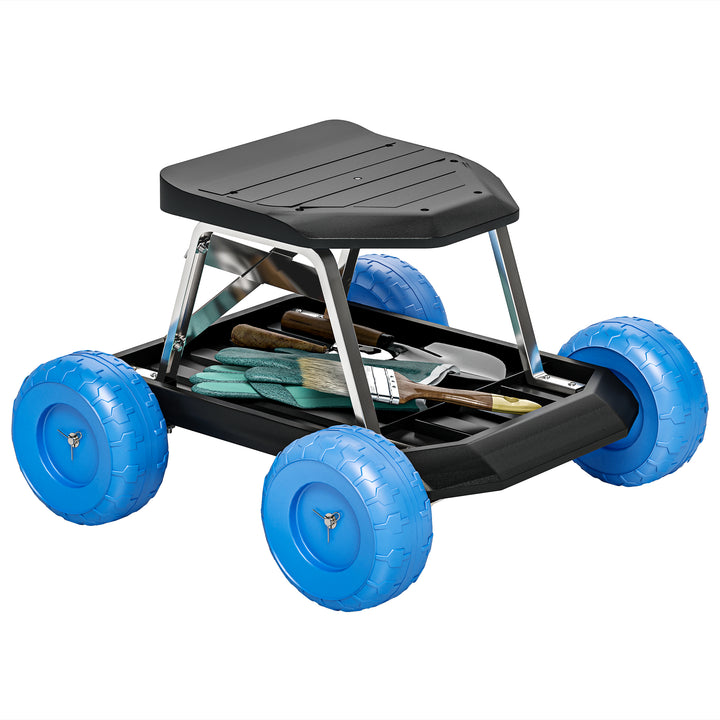 Garden Cart with Wheels, Garden Stool Trolley with Tool Tray, Rolling Garden Seat for Weeding, Planting, Blue