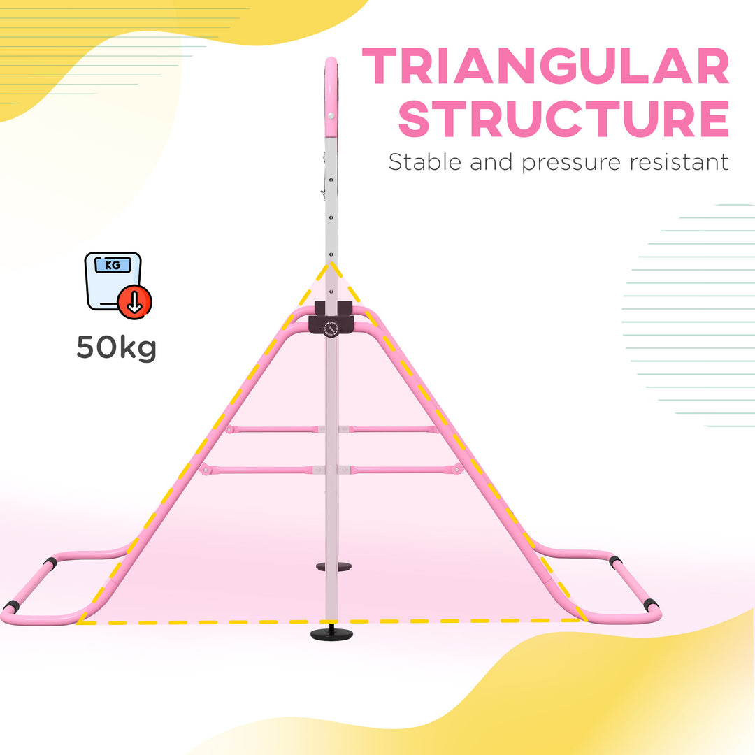 Adjustable Height, Foldable Kids Gymnastics Bar w/ Non-slip Rubber Floor Rings, for 3+ Years, Pink