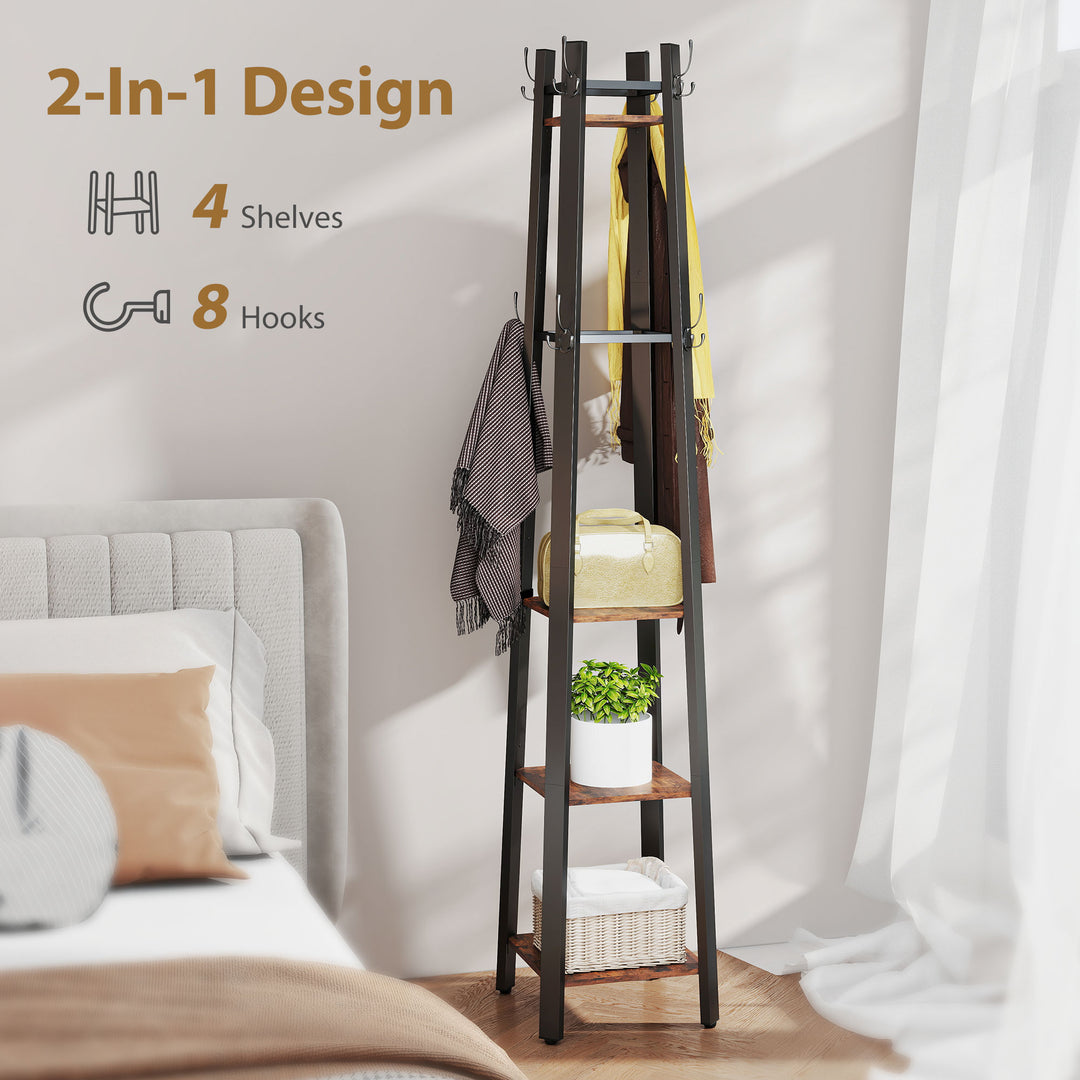 Industrial Coat Stand with 8 Hooks and 4 Shelves - Rustic Brown