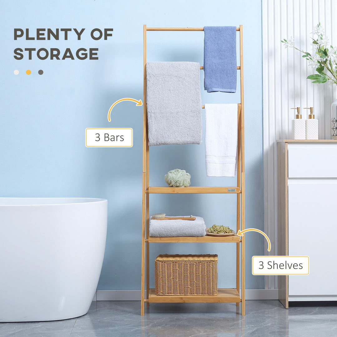 Freestanding Natural Bamboo Towel Rack with 3 Towel Rails and 3 Storage Shelves, Space-Saving Foldable Towel Holder for Bathroom