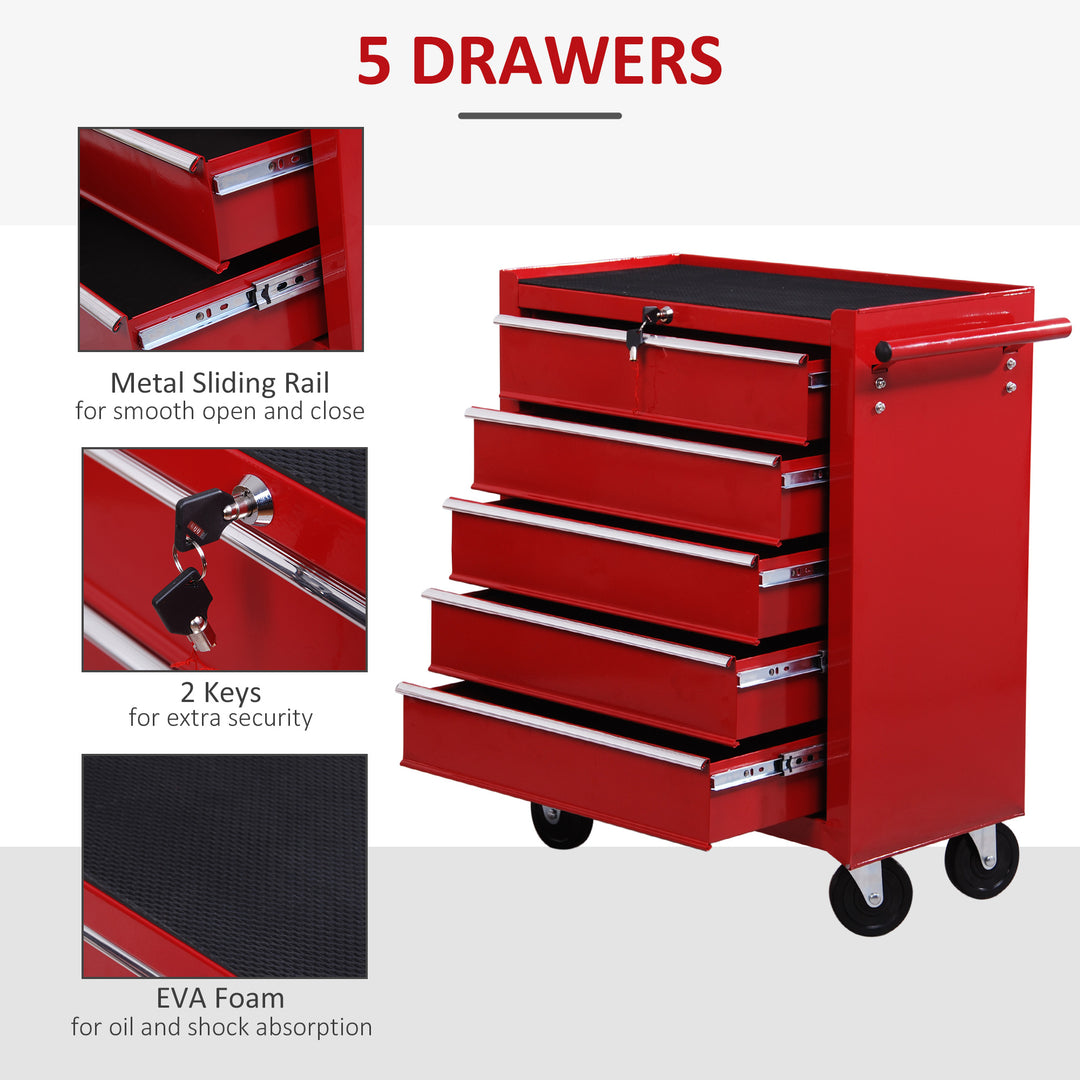 HOMCOM 5 Drawer Tool Chest on Wheels, Lockable Steel Tool Trolley with Side Handle for Workshop, Garage, Red