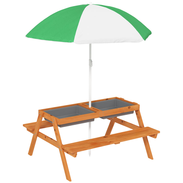 MCL Kids Picnic Table with Benches, Wooden Sand and Water Table, Adjustable Parasol, Storage Bins, for Kids 3-6 Years, Brown