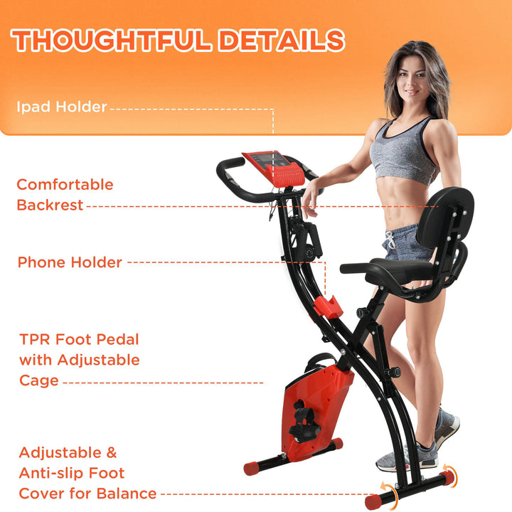 2-in-1 Folding Exercise Bike with 8-Level Magnetic Resistance, Arm Resistance Band, Pulse Sensor, Red