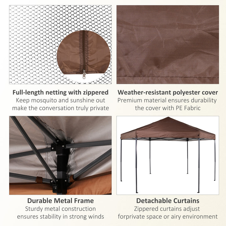 3.5m x 4m Hexagonal Pop Up Gazebo, Canopy Tent Sun Shelter for Patio Outdoor Party, Height Adjustable, with Mosquito Netting and Carry Bag - Brown