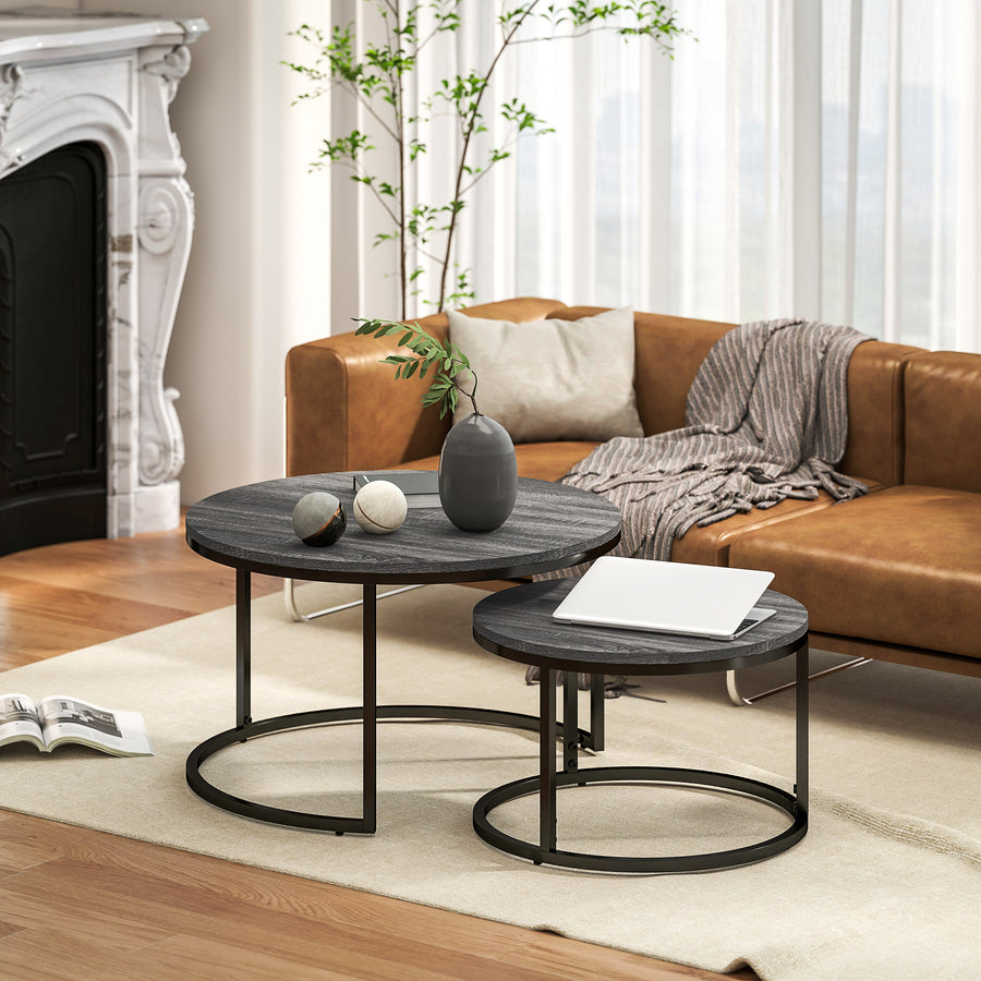 Set of Two Marble-Effect Stacking Tables - Black