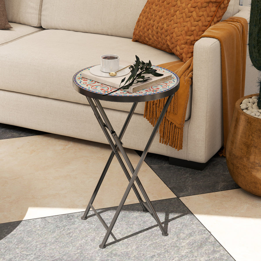 Mosaic Outdoor Garden Table, 35.5cm Round Folding Coffee Table with Metal Frame for Balcony Terrace, Multicolour
