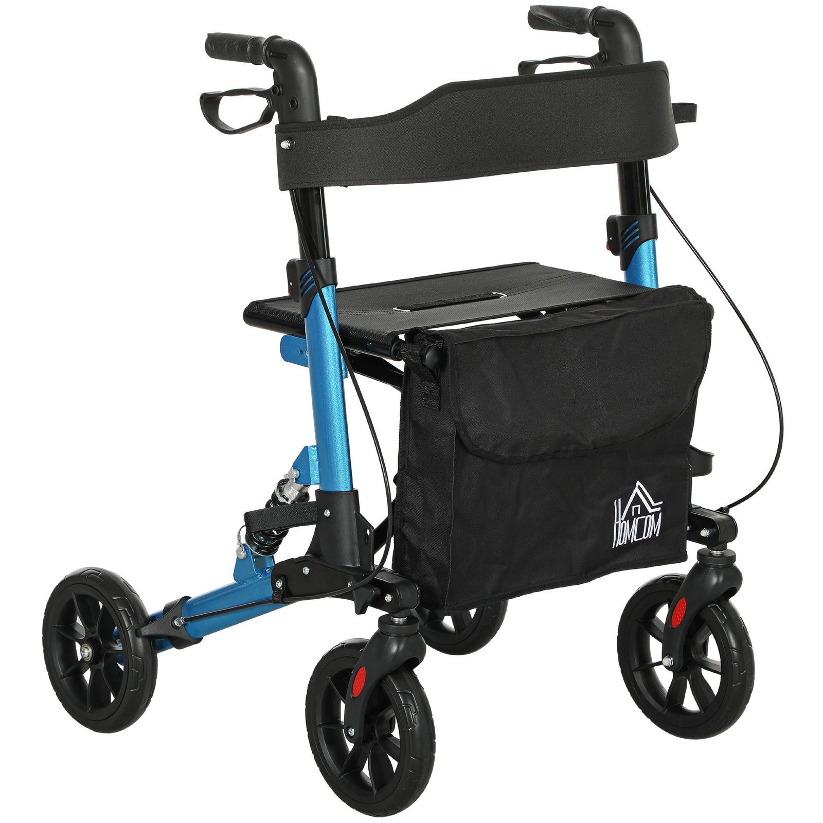 Folding Rollator Walker with Seat, Backrest, Lightweight Walking Frame with Storage Bag, Dual Brakes, Adjustable Handle Height, Suspension System, 4 Wheeled Walker for Seniors, Blue