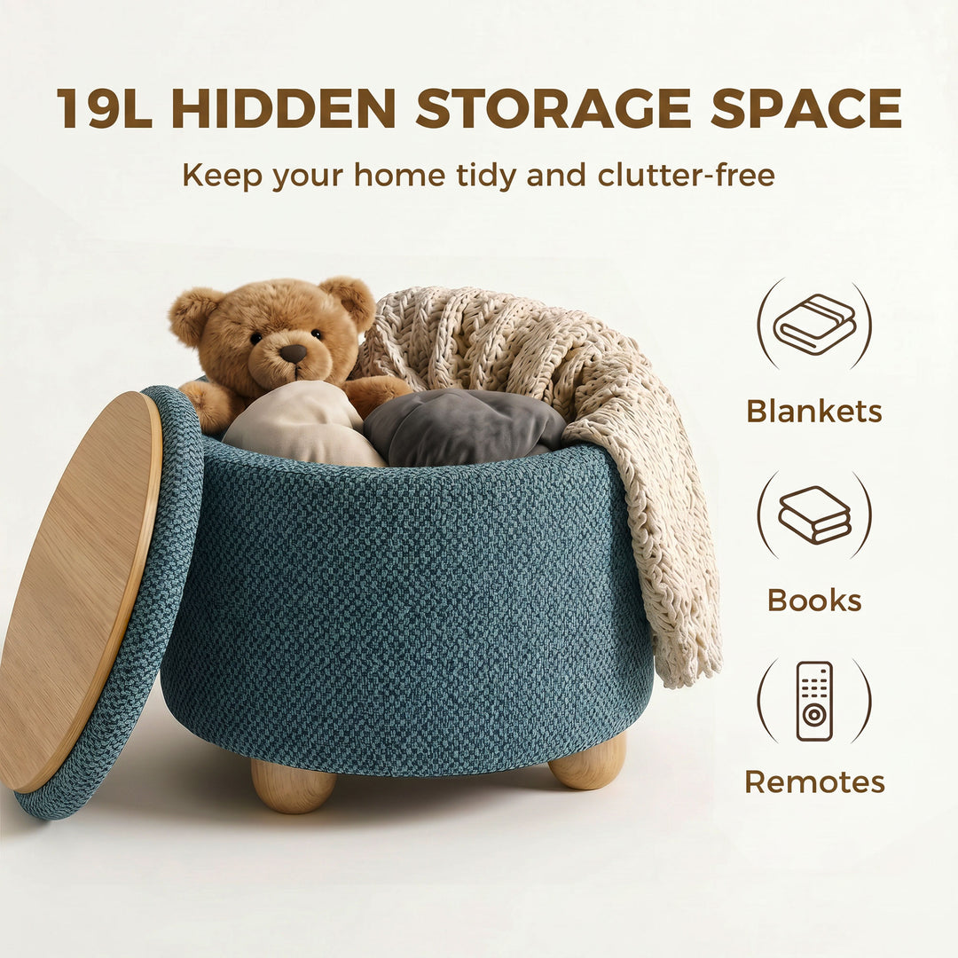 Storage Sitting Bench with Lid, Round Storage Ottoman with Rubberwood 