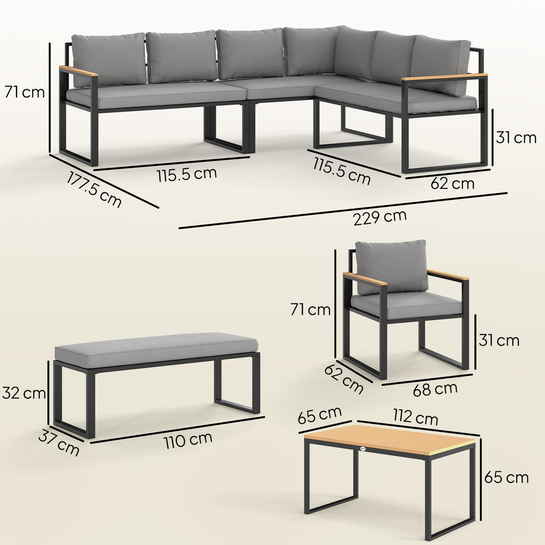Six Piece L Shaped Garden Furniture Set with 3 Loveseats - Natural Wood Finish
