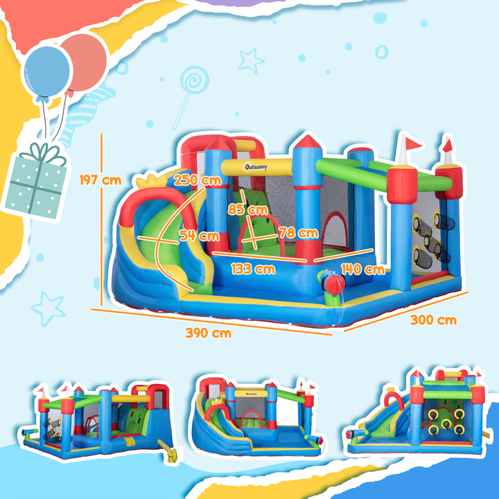 6 in 1 Kids Bouncy Castle, with Water Slide, Water Gun, Climbing Wall, Air Blower for Indoors/Outdoors, 3.9 x 3 x 2m
