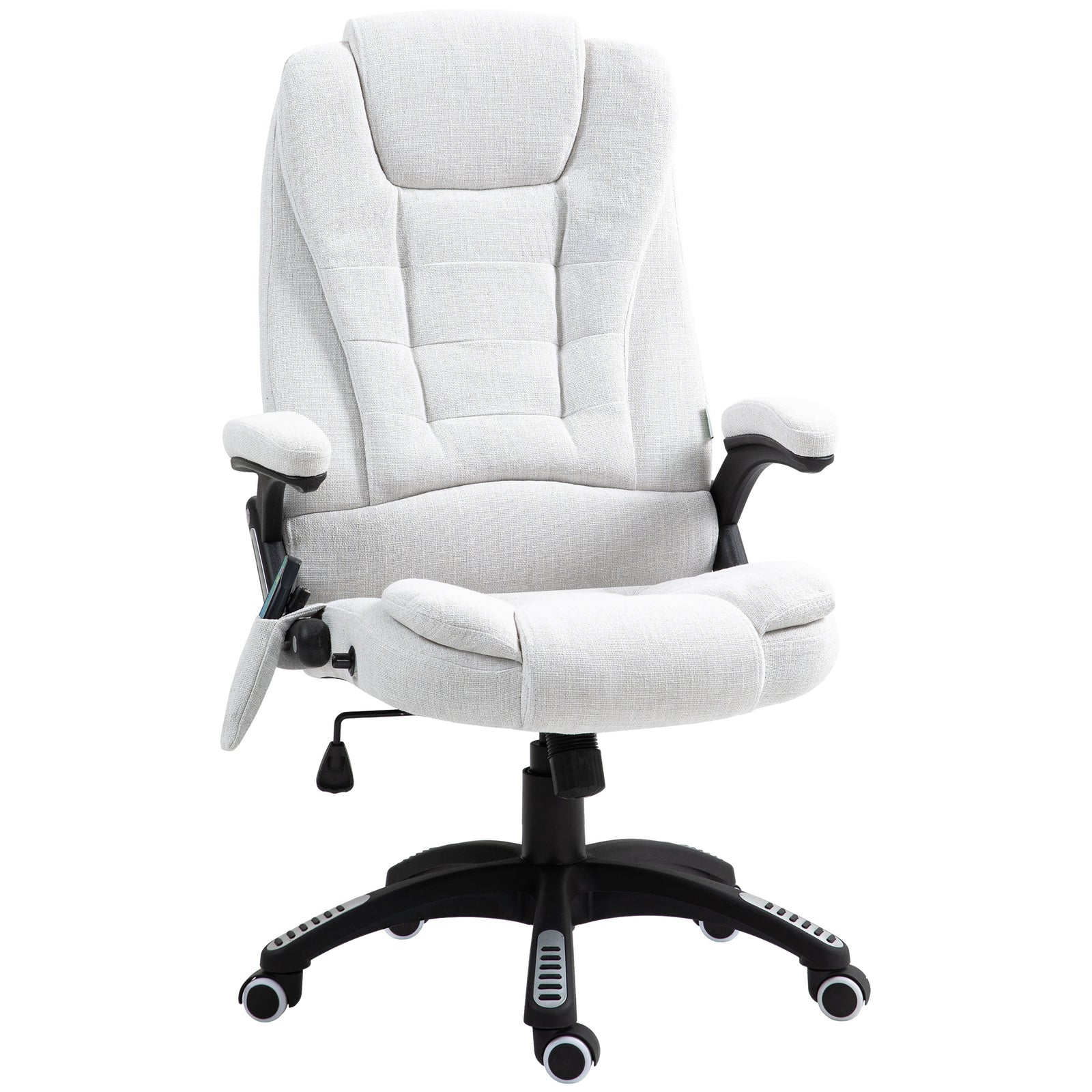Massage Recliner Chair Heated Office Chair with Six Massage Points Linen-Feel Fabric 360° Swivel Wheels Cream White