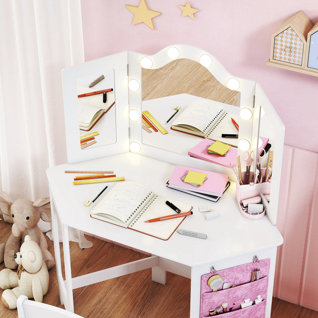 MCL Kids Dressing Table and Stool Set, Girls Vanity Table with 2-Colour LED Lights, Tri-Folding Mirror, White