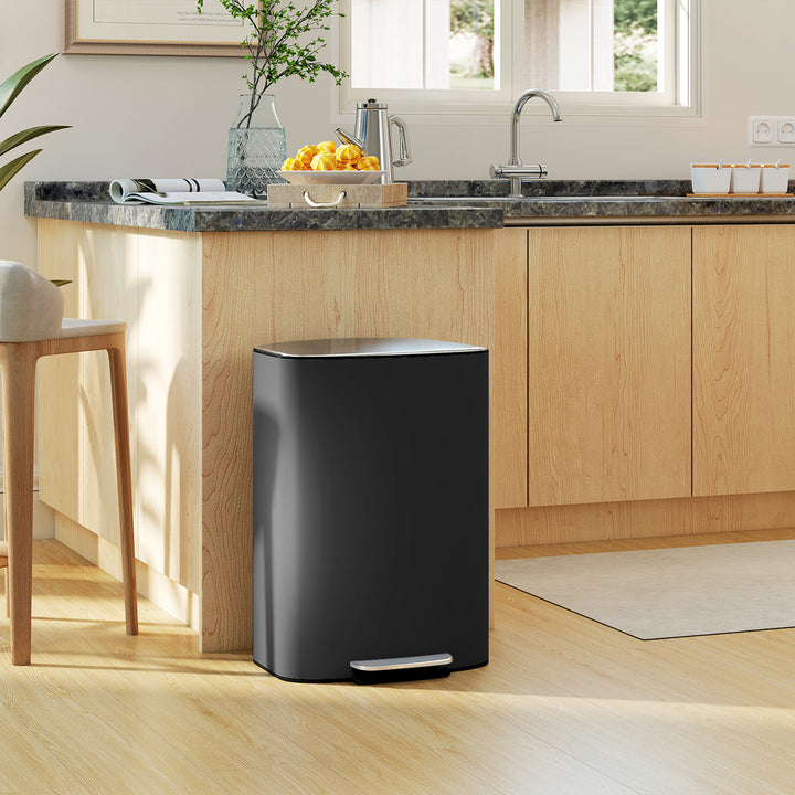 MCL 50L Kitchen Bin with Soft-Close Lid and Stay-Open Function, Stainless Steel Pedal Bin with Removable Inner Bucket, Carry Handle for Kitchen, Office, Home, Black