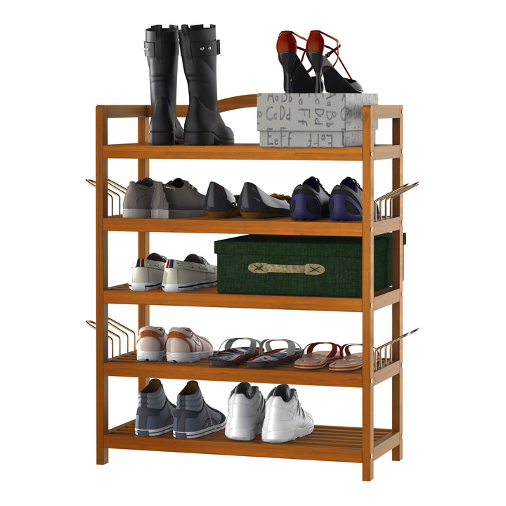 MCL 5-Tier Shoe Rack, Acacia Wooden Shoe Storage Organiser with Hangers, Holds up to 19 Pairs, for Entryway, Living Room, 64 x 26 x 82 cm, Teak