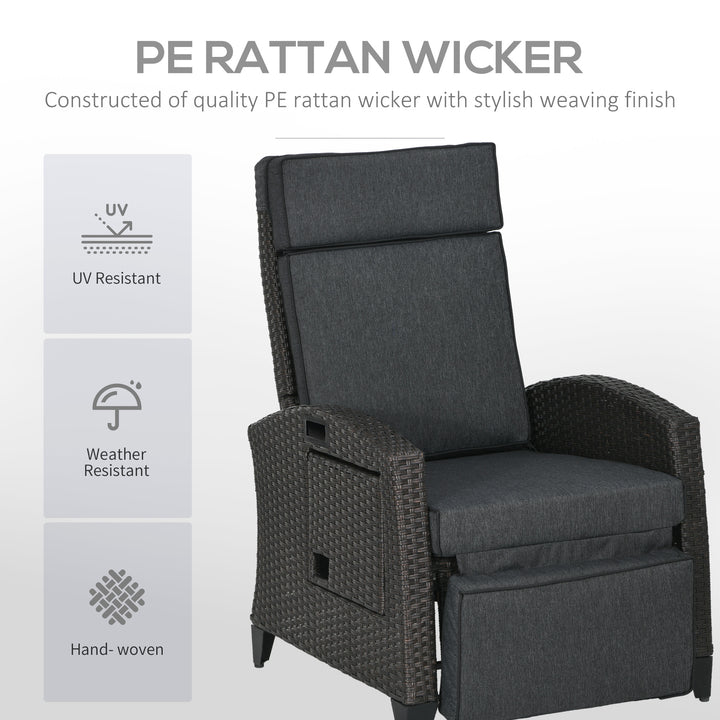 Outdoor Recliner Chair with Adjustable Backrest and Footrest, Cushion, Side Tray, Dark Grey/Brown