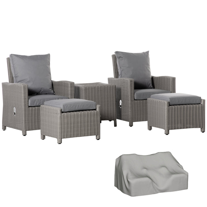 5 Pieces Outdoor PE Rattan Garden Furniture with Cushions, Patio Lounge Adjustable Backrest Chairs, Footstools and Cooler Bar Coffee Table & Cover, Grey