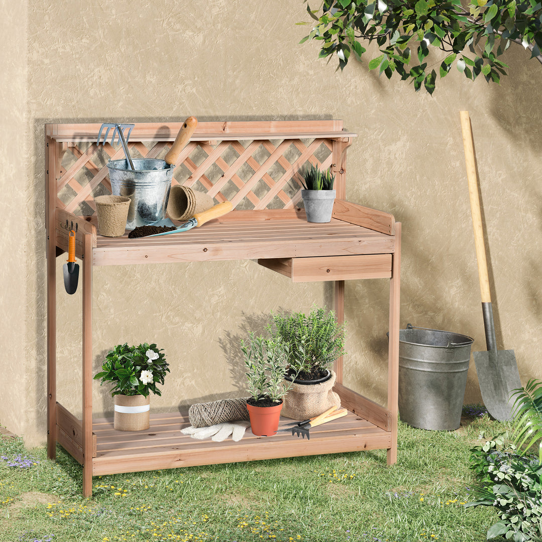 Outsunny Wooden Garden Potting Table with Drawer Flower Plant Work Bench Workstation Tool Storage Shelves Outdoor Grid