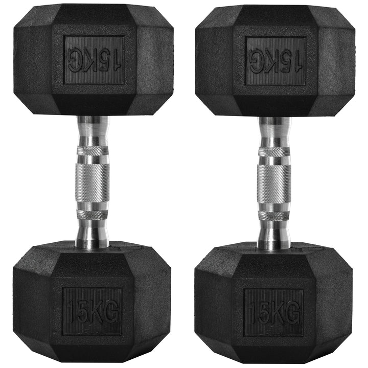 HOMCOM Fitness Fortifiers: 2x15kg Rubber Hex Dumbbells, Non-Slip Grip for Home Gym Workouts, Jet Black | Aosom UK